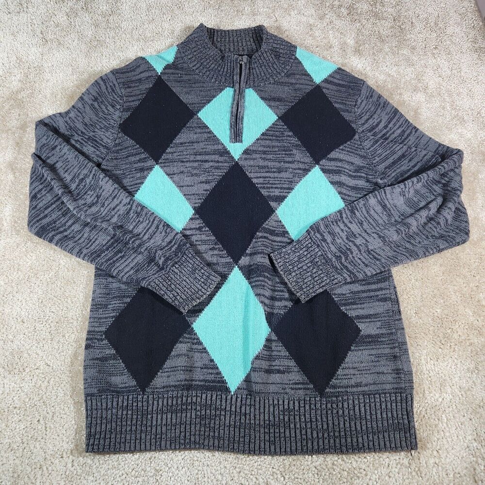 Carbon Sweater Mens L Gray 1/4 Zip Diamond Pattern Argyle Classic Preppy #283